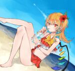  1girl adapted_costume bangs bare_legs bare_shoulders barefoot beach blonde_hair blue_sky cloud cup day drinking drinking_straw dutch_angle flandre_scarlet flat_chest flower hair_between_eyes hair_flower hair_ornament hibiscus highres holding holding_cup horizon leg_up light_blush looking_at_viewer makita_(vector1525) nail_polish navel no_headwear one_side_up outdoors pointy_ears red_eyes red_flower red_nails sitting sky solo swimsuit toenail_polish toenails touhou wings 