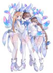  3girls aano_(10bit) absurdres animal_ears ass asymmetrical_legwear blonde_hair blue_bow blue_footwear blue_ribbon blue_wings boots bow braid brown_hair commentary_request detached_wings fake_animal_ears full_body hair_ornament hair_ribbon hairclip halo high_heel_boots high_heels highres jacket leotard long_hair long_sleeves looking_at_viewer looking_back multiple_girls original puffy_long_sleeves puffy_sleeves rabbit_ears rabbit_tail ribbon shoes simple_background single_sock single_thighhigh socks standing tail thighhighs twin_braids very_long_hair white_background white_jacket white_leotard white_thighhighs wings x_hair_ornament 