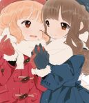  2girls bangs blue_gloves blue_headwear blue_jacket blush brown_eyes brown_hair fang fur-trimmed_gloves fur_trim gloves holding_hands jacket multiple_girls one_eye_closed pop&#039;n_music red_gloves red_headwear red_jacket rie-chan sanae-chan sgwyi 