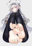  1girl @_@ barefoot black_pants blue_archive blush feet flower foot_focus gloves hair_flower hair_ornament headband highres himari_(blue_archive) hime_cut kilabo long_pointy_ears pants pointy_ears simple_background soles sweatdrop toes white_background white_hair 