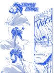  2boys bara beard black_hair blonde_hair blush facial_hair forked_eyebrows frown headband heart ken_masters looking_at_another male_focus mature_male monochrome motion_lines multiple_boys muscular muscular_male ryu_(street_fighter) sequential short_hair shy street_fighter street_fighter_6 stubble thick_eyebrows yaoi yuiofire 