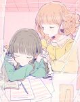  2girls bangs blanket blue_shirt blush book brown_hair closed_eyes curtains long_hair multiple_girls open_book open_mouth pen picture_frame pop&#039;n_music rie-chan sanae-chan sgwyi sheet_music shirt short_hair sleeping yellow_shirt 