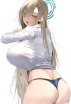  1girl absurdres ass asuna_(blue_archive) bangs blonde_hair blue_archive blue_eyes blue_panties breasts collared_shirt from_behind hair_between_eyes halo highres large_breasts long_hair long_sleeves looking_at_viewer looking_back namazu_(yamasonson) panties parted_lips shirt simple_background solo underwear white_background white_shirt 