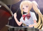  1girl ahoge aroa_(aroamoyasi) bangs blonde_hair blue_skirt blush bocchi_the_rock! bow bowtie breasts closed_mouth collared_shirt commentary_request drum drumsticks hair_between_eyes hands_up ijichi_nijika indoors instrument light long_hair looking_to_the_side medium_breasts music playing_instrument ponytail red_bow red_bowtie red_eyes shirt short_sleeves side_ponytail sidelocks sitting skirt solo studio sweat v-shaped_eyebrows wall white_shirt 