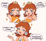  1girl blue_eyes brown_hair cremanata crown earrings english_text highres jewelry mario_(series) medium_hair middle_finger open_mouth orange_shirt pointing princess_daisy shirt simple_background speech_bubble teeth tongue tongue_out upper_teeth_only white_background 