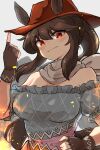  1girl animal_ears bandana bangs bare_shoulders blue_shirt blush breasts brown_hair closed_mouth cowboy_hat ears_through_headwear fingerless_gloves frills gloves grey_background hair_between_eyes hand_on_hip hand_up hat horse_ears kurokoma_saki large_breasts long_hair looking_at_viewer off-shoulder_shirt off_shoulder ponytail red_eyes shirt simple_background smile solo touhou uisu_(noguchipint) upper_body v-shaped_eyebrows 