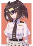  1girl animal_ears belt bird_ears bird_girl bird_wings brown_eyes brown_hair closed_mouth extra_ears grey_hair highres kemono_friends kemono_friends_3 kosai_takayuki multicolored_hair necktie peregrine_falcon_(kemono_friends) shirt short_hair simple_background skirt solo two-tone_hair wings 