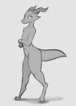  2022 absurd_res anthro biped claws crossed_arms digital_media_(artwork) female flat_chested full-length_portrait greyscale hi_res hindpaw horn kobold looking_at_viewer monochrome navel paws portrait scalie schmutzo simple_background sketch solo standing tail thick_thighs toe_claws 