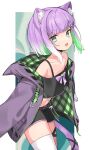  1girl :d animal_ear_fluff animal_ears bangs bare_shoulders belt black_shirt black_shorts blunt_bangs cat_ears cat_girl colored_inner_hair commission crop_top cropped_shirt fang gradient_hair green_eyes green_hair highres indie_virtual_youtuber jacket long_sleeves looking_at_viewer multicolored_hair navel off_shoulder open_clothes open_jacket purple_jacket second-party_source shirt short_hair short_shorts shorts shwaa signal_1120 single_thighhigh skeb_commission skin_fang smile thighhighs virtual_youtuber white_hair white_thighhighs 