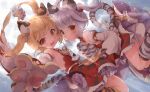  2girls animal_ears animal_hands animal_print bai_(granblue_fantasy) bangs blush brown_eyes eyelashes gloves granblue_fantasy huang_(granblue_fantasy) long_hair multiple_girls n:go open_mouth paw_gloves siblings smile tail teeth tiger_ears tiger_girl tiger_paws tiger_print tiger_stripes tiger_tail twins twintails upper_body upper_teeth_only 