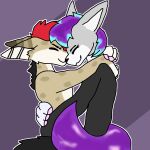  anonymous_artist anthro canid canine clothing duo ear_piercing embrace eyes_closed female fennec fox hair hi_res hug hyena jacket jessica_whiteclawz male male/female mammal piercing purple_hair purple_tail red_hair tail topwear 