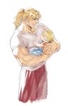  1boy 1other baby_carry bara black_hair blonde_hair carrying casual child cropped_legs highres holding_baby ips_cells ken_masters male_focus muscular muscular_male pectorals shirt shirt_tug short_hair smile solo street_fighter t-shirt yuiofire 