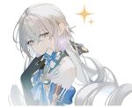 1girl bangs bare_shoulders black_gloves bronya_rand closed_mouth commentary earrings gift gloves grey_eyes hair_between_eyes highres holding holding_gift hollning honkai:_star_rail honkai_(series) jewelry long_hair looking_at_viewer simple_background solo sparkle_background star_(symbol) white_background white_hair 