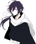  ! 1boy ahoge black_kimono blue_eyes closed_mouth hakuouki_shinsengumi_kitan highres japanese_clothes kimono long_hair long_sleeves looking_at_viewer low_ponytail male_focus purple_hair saitou_hajime_(hakuouki) scarf solo unm777 white_background white_scarf 