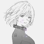  1girl blood blood_on_face bodysuit breasts collar commentary_request dm_owr from_side girls&#039;_frontline highres large_breasts looking_at_viewer looking_to_the_side metal_collar monochrome purple_blood rpk-16_(girls&#039;_frontline) short_hair sketch smile solo spot_color upper_body 