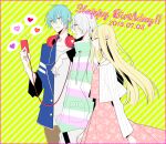  1girl 2015 2boys blonde_hair blue_eyes blue_hair blue_jacket cardigan closed_eyes dated dress happy_birthday jacket long_hair long_sleeves mihara_suzu multiple_boys otonari_kanade pink_dress possession_magenta shirt shizuma_souta short_hair unm777 white_hair white_shirt yellow_eyes 