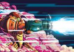  1girl arm_cannon arm_up armor blonde_hair blue_eyes broken_helmet commentary crack energy_beam english_commentary full_armor hand_up helmet highres martin_kirby-jackson metroid power_armor power_suit power_suit_(metroid) profile samus_aran science_fiction signature smoke solo standing v-shaped_eyebrows watermark weapon 