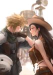  1boy 1girl armor bare_shoulders belt_buckle black_hair blonde_hair blue_eyes blurry blurry_background blush breasts brown_gloves brown_headwear brown_skirt brown_vest buckle cloud_strife cowboy_hat crisis_core_final_fantasy_vii earrings embarrassed english_commentary eyelashes final_fantasy final_fantasy_vii final_fantasy_vii_remake from_side gloves hat headwear_removed helmet helmet_removed highres holding jewelry large_breasts long_hair looking_at_another outdoors red_eyes scarf shinra_infantry_uniform shoulder_armor single_earring skirt smile spiked_hair spykeee sweatdrop tifa_lockhart twitter_username vest water_tank water_tower watermark 