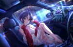  1girl bangs bare_legs bare_shoulders barefoot black_choker blue_hair blush bouquet car_interior cardigan choker collarbone dark_blue_hair dress dutch_angle gps hayami_kanade idolmaster idolmaster_cinderella_girls idolmaster_cinderella_girls_starlight_stage knee_up looking_at_viewer official_art parted_bangs rain red_cardigan short_hair smile solo steering_wheel sunroof water_drop white_dress 