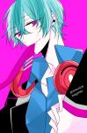  1boy black_jacket blue_hair blue_shirt collared_shirt copyright_name headphones headphones_around_neck highres jacket long_sleeves male_focus mole mole_under_mouth otonari_kanade possession_magenta purple_background purple_eyes red_headphones shirt short_hair solo unm777 