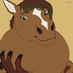  ambiguous_gender anthro artist_name brown_body brown_ears brown_hair closed_smile equid equine facial_markings glistening glistening_eyes green_hair hair head_markings horse looking_at_viewer mammal markings mouth_closed multicolored_hair neck_bulge roobin simple_background solo tan_background two_tone_hair white_inner_ear white_markings 