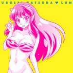  1girl animal_print blush breasts character_name collarbone copyright_name english_text eyelashes fingernails hip_bones horns large_breasts long_hair lum monochrome open_mouth pointy_ears shiotani_ruki signature solo takahashi_rumiko_(style) tiger_print urusei_yatsura yellow_background 