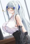  1girl artist_name assault_rifle bangs bare_shoulders black_skirt blush breasts collared_shirt from_side girls&#039;_frontline glasses green_eyes grey_hair gun h&amp;k_hk416 highres hk416_(girls&#039;_frontline) keenh large_breasts long_hair looking_at_viewer parted_lips ponytail rifle shirt shirt_tucked_in sidelocks skirt sleeveless smile weapon 