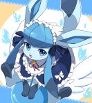  2023 absurd_res black_markings black_nose blue_body blue_eyes blush blush_lines bow_accessory clothed clothed_feral clothing dipstick_tail eeveelution female feral frilly frilly_clothing front_view generation_4_pokemon glaceon head_crest hi_res leg_markings looking_at_viewer maid_headdress maid_uniform markings nintendo open_mouth pokemon pokemon_(species) pokemon_unite quadruped sitting socks_(marking) solo syuya tail tail_markings tea_party_style_glaceon uniform 
