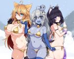  3girls ahoge animal_ears antenna_hair armband ass back bangs bare_shoulders bell bikini black_armband black_eyes black_gloves black_hair black_thighhighs blonde_hair blue_eyes blue_gloves blue_skin blue_thighhighs blush breasts cat_ears cat_tail character_request closed_mouth collar colored_skin cowboy_shot day elbow_gloves fang fingerless_gloves food from_behind gloves gold_bikini grey_hair hair_between_eyes hair_ornament holding holding_food holding_pizza ice_cream ice_cream_cone indie_virtual_youtuber jingle_bell large_breasts long_hair looking_at_viewer lowleg lowleg_bikini multiple_girls navel neck_bell octopus pizza pizza_slice purple_eyes sankasya_img side-tie_bikini_bottom skull_hair_ornament sky small_breasts smile snowing snowman swimsuit tail thighhighs thighs tongue tongue_out umaway underboob very_long_hair virtual_youtuber wet white_gloves white_thighhighs 