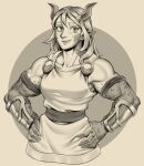  1girl arm_guards arm_strap borrowed_character breasts claws commentary cropped_torso dragon_girl dragon_horns effy_neprin english_commentary fang highres horns medium_breasts muscular muscular_female original pointy_ears scales sepia smile solo thick_eyebrows upper_body 