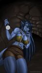  abs animated anthro athletic athletic_anthro bangs big_breasts black_nails blue_body blue_hair blue_scales blue_skin bottomwear breasts brown_clothing cave clothed clothing collar colored_nails crop_top dark_hair detailed_background digital_media_(artwork) dragon eliana-asato ena_(eliana) fangs female first_person_view flashlight green_eyes hair horn huge_breasts long_hair looking_at_viewer looking_from_above muscular muscular_anthro nails open_mouth open_smile scales shadow shirt shorts smile solo suspenders tail teeth thoughtful topwear touching_face 