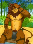  anthro bulge duskshield felid hi_res lion male mammal muscular pantherine pecs pubes smile solo tattoo water 