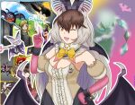  animal_ears bare_shoulders bat_(animal) bat_ears bat_girl bat_wings bianca_(dq5) bow bowtie brown_eyes brown_hair brown_long-eared_bat_(kemono_friends) dragon_quest dragon_quest_v elbow_gloves extra_ears gloves grey_hair hakasecretgash highres kemono_friends kemono_friends_v_project leotard long_hair looking_at_viewer microphone multicolored_hair one_eye_closed parody skirt two-tone_hair virtual_youtuber wings 