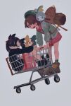  2girls asymmetrical_bangs backpack bag bangs black_hair boots brown_footwear brown_hair cardigan closed_mouth dr_mice dress gloria_(pokemon) green_headwear grey_background grey_cardigan hat highres in_shopping_cart long_sleeves marnie_(pokemon) morpeko morpeko_(full) multiple_girls open_mouth pink_dress pokemon pokemon_(creature) pokemon_(game) pokemon_swsh shopping_cart short_hair simple_background sobble socks tam_o&#039;_shanter 