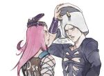  2boys blue_eyes commentary fake_horns frown hat horned_headwear horns jojo_no_kimyou_na_bouken lid long_hair male_focus mm_jjba multiple_boys narciso_anasui pink_eyes pink_hair pink_lips signature stone_ocean twitter_username weather_report 