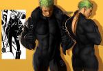  1boy ass back bara black_bodysuit black_gloves black_jacket bodysuit covered_abs gloves green_hair highres jacket large_pectorals male_focus muscular muscular_male official_alternate_costume one_piece open_clothes open_jacket pectorals photo-referenced roronoa_zoro scar scar_across_eye scar_on_face short_hair thick_thighs thighs umikochannart unzipped zipper zipper_pull_tab 