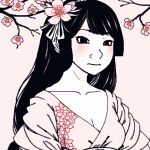  anonymous_(4chan) bangs blush branch breasts cleavage collarbone floral_print flower hair_flower hair_ornament hairband japanese_clothes kimono long_hair meme pink_background red_flower simple_background wojak 