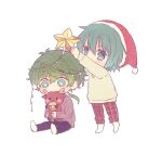  2boys alternate_costume aqua_eyes aqua_hair bangs black_pants blush chibi christmas_lights christmas_star green_hair grey_shirt hair_between_eyes hat hiyori_sou holding holding_stuffed_toy kimi_ga_shine long_sleeves low_ponytail male_focus midori_(kimi_ga_shine) multiple_boys pants plaid plaid_pants pom_pom_(clothes) red_headwear red_pants ribbed_shirt santa_hat shirt short_hair simple_background sitting socks standing stuffed_animal stuffed_reindeer stuffed_toy tiptoes uououoon v-shaped_eyebrows white_background white_socks yellow_shirt 