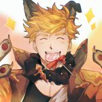  1boy animal_ears bangs black_tank_top blonde_hair blush candy closed_eyes food food_in_mouth granblue_fantasy jacket lollipop male_focus official_alternate_costume open_clothes open_jacket orange_jacket shadow_skg short_hair smile solo tank_top teeth vane_(granblue_fantasy) vane_(halloween)_(granblue_fantasy) wolf_boy wolf_ears wolf_paws 