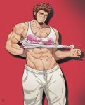  1boy abs alternate_costume bara blue_eyes blush broken_heart broken_heart_print brown_hair bulge casual clothes_lift commission facial_hair fate/grand_order fate_(series) feet_out_of_frame goatee highres kirovskiii large_pectorals lifted_by_self long_sideburns looking_at_viewer male_focus mature_male muscular muscular_male napoleon_bonaparte_(fate) navel navel_hair nipples pants pectoral_cleavage pectorals print_shirt scar scar_on_arm scar_on_chest scar_on_stomach second-party_source seductive_smile shirt shirt_lift shirt_rolled_up short_hair sideburns smile solo standing stomach tank_top textless_version thick_thighs thighs track_pants white_pants white_tank_top 