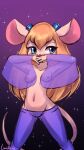  2023 anthro areola artist_name blue_eyes blush breasts chip_&#039;n_dale_rescue_rangers clothed clothing disney female gadget_hackwrench hi_res lumineko mammal mouse murid murine navel nipples rodent signature simple_background solo topless topless_anthro topless_female 