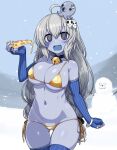  1girl bell bikini black_eyes blue_gloves blue_skin blue_thighhighs character_request colored_skin copyright_request day elbow_gloves fang fingerless_gloves food gloves grey_hair hair_ornament holding holding_food holding_pizza jingle_bell looking_at_viewer octopus pizza pizza_slice skull_hair_ornament smile snowing snowman solo swimsuit thighhighs umaway yellow_bikini 