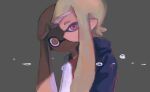  2girls agent_3_(splatoon) agent_3_(splatoon_3) bangs dr_mice grey_background inkling inkling_girl jacket long_hair looking_at_viewer multiple_girls no_mouth orange_eyes orange_hair pointy_ears red_eyes shaded_face simple_background splatoon_(series) splatoon_3 tentacle_hair twintails upper_body 