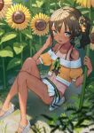  1girl ahoge blush breasts brown_hair cleavage crop_top dark-skinned_female dark_skin day field flower flower_field green_eyes green_ribbon highres hololive knees_up looking_at_viewer midriff miniskirt natsuiro_matsuri navel on_ground open_mouth orange_shirt outdoors pleated_skirt ribbon sandals shadow shiinamirin shirt short_hair side_ponytail sitting skirt small_breasts smile solo stomach sunflower sunlight sweat tan tanlines virtual_youtuber white_footwear white_skirt 