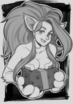  1girl big_hair breast_rest breasts cleavage collarbone commentary cropped_torso effy_neprin english_commentary felicia_(vampire) gift greyscale grin highres holding holding_gift monochrome outline sketch smile solo upper_body vampire_(game) 