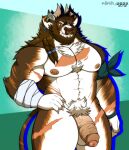  anthro big_pecs body_hair bovid bovine cattle chest_hair duskshield genitals hi_res horn kydron male mammal muscular pecs penis pubes scars_all_over solo 