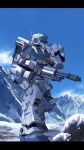  black_border border cloud cloudy_sky g.yamamoto gm_spartan gun gundam highres holding holding_gun holding_weapon humanoid_robot letterboxed mecha mountain multiple_barrel_gun no_humans rifle robot science_fiction scope sky snow standing walking weapon 