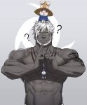  1boy ? abs arm_tattoo avatar_(ff14) bad_id bad_weibo_id bangs bara bead_necklace beads beard colored_skin creature_on_head facial_hair final_fantasy final_fantasy_xiv grey_skin hands_up highres jewelry large_pectorals male_focus mature_male meditation muscular muscular_male navel necklace pectorals rabbit roegadyn scar scar_on_face scar_on_nose short_hair solo stomach tattoo tekkowang topless_male upper_body yellow_eyes 