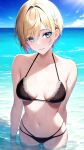  1girl absurdres bangs bare_shoulders bikini black_bikini blonde_hair blue_eyes breasts breasts_apart closed_mouth collarbone commentary_request day frilled_bikini frills highres leone_(kamina0205) looking_at_viewer medium_breasts multicolored_hair navel ocean original outdoors purple_hair revision short_hair smile solo stomach swimsuit twitter_username two-tone_hair wading water 