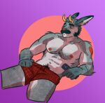  2023 abs anthro antlers arm_hair biceps body_hair boxedbread boxers_(clothing) boxers_only chest_hair chin_piercing clothed clothing controller ear_piercing facial_hair forearm_hair forearms holding_controller holding_object holding_remote_control horn jackalope lagomorph leporid looking_aside lounging male mammal manly mature_male muscular mustache navel nipples pecs piercing pubes rabbit reclining remote_control shirtless sideburns simple_background solo topless underwear underwear_only 